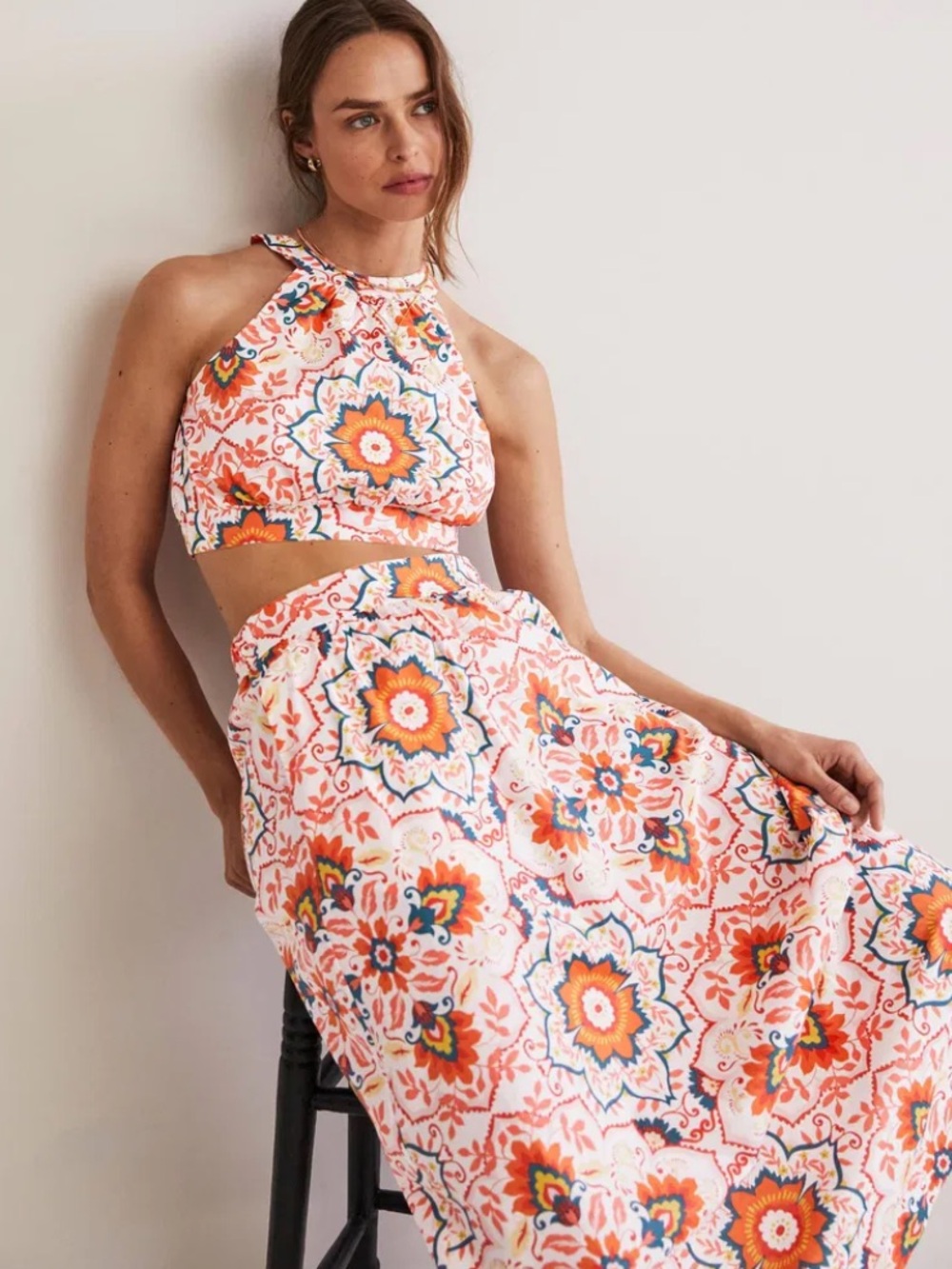 Boden Floral Halter Crop Top and Maxi Skirt Set in White and Orange